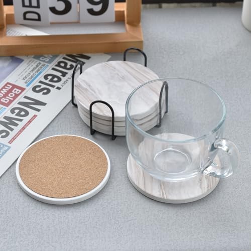6Pcs Absorbent Coasters Set with Holder,Ceramic Drink Coaster,4 in(A1)