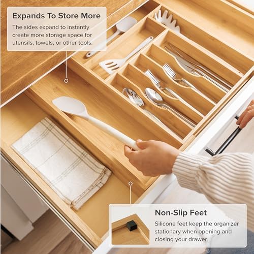 KitchenEdge Bamboo Silverware Drawer Organizer, 14-25 in