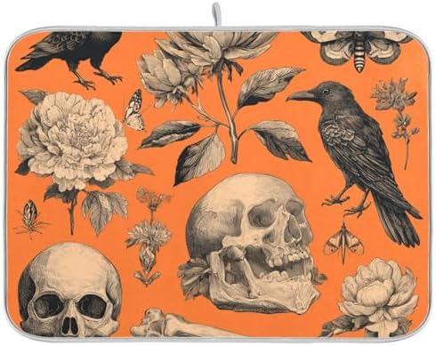 OTVEE Skull Floral Fantasy Dish Drying Mat for Kitchen Counter