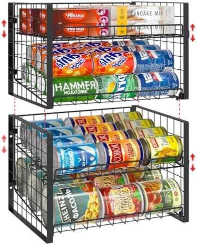 JKsmart 2-Tier Stackable Can Rack Organizer for Pantry, Adjustable Can Dispenser Holds Up to 60 Cans, Can Storage Holder for Various Ounces of Canned Food Soda Drinks, Black, 2 Pack