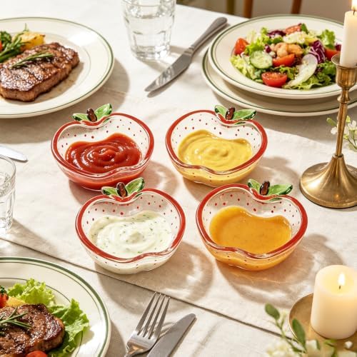 Apple Shaped Glass Dipping Dishes Set of 4, Mini Sauce Dishes Honey