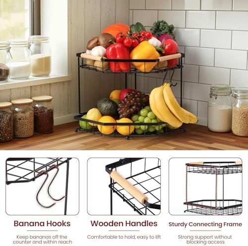 2 Tier Corner Fruit Basket for Kitchen Counter with Banana Hangers, Detachable Fruit Bowl with Wooden Handle, Metal Corner Rack for Fruit and Vegetable Storage, Kitchen Countertop Organizer