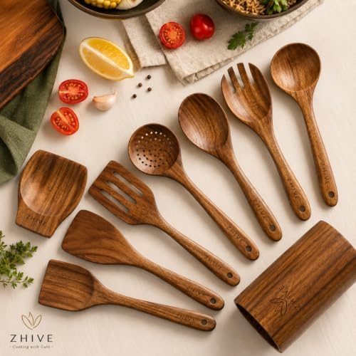9-Piece Natural Teak Wooden Utensil Set with Spoon Rest