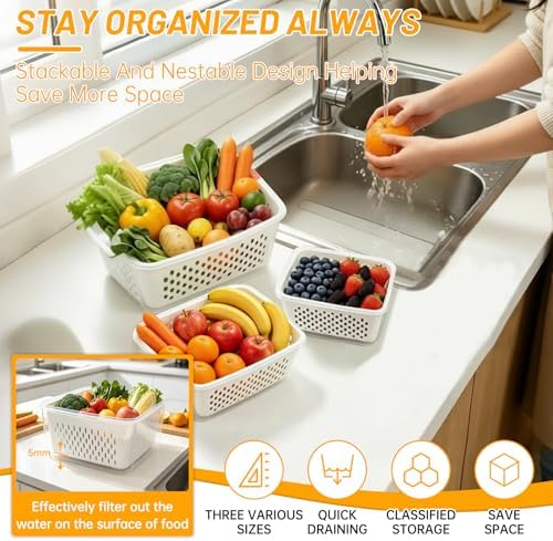3 Pack Fruit Storage Containers for Fridge with Removable Colander
