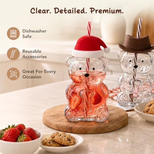 Teddy Bear Glass Cup with 4 Interchangeable Hat Lids & 4 Reusable