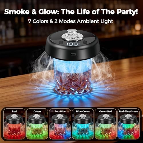 Electric Whiskey Smoker Kit - 7-Color LED, 6 Wood Flavors