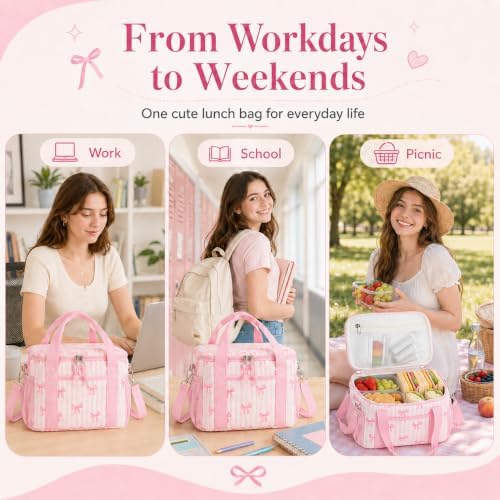 BTOOP Insulated Lunch Bag, Medium 9L, Pink Bow Strips