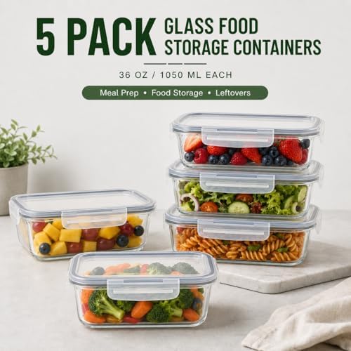 5-Pack 36oz Borosilicate Glass Food Storage Containers with Lids