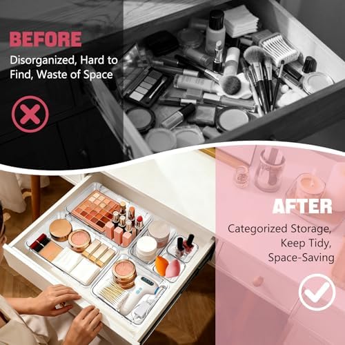 21 PCS Extendable Drawer Organizer Set Clear Stackable Vanity Storage