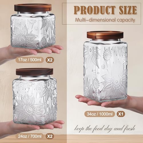 Suclain 5 Pcs Sunflower Vintage Glass Jars Airtight Lid 17/24/34