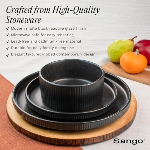 Sango 12 Pieces Stoneware Fluted Dinnerware Set, Modern Black Dishes