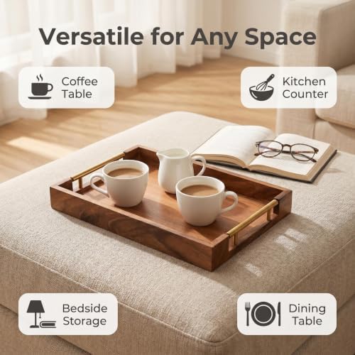 Walnut Wood Serving Tray with Metal Handles, Decorative Wooden Tray