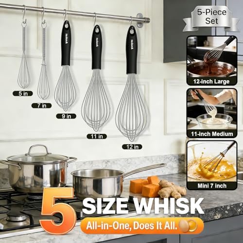 Anaeat Stainless Steel Kitchen Whisk Set of 5, Milk and Egg Beater