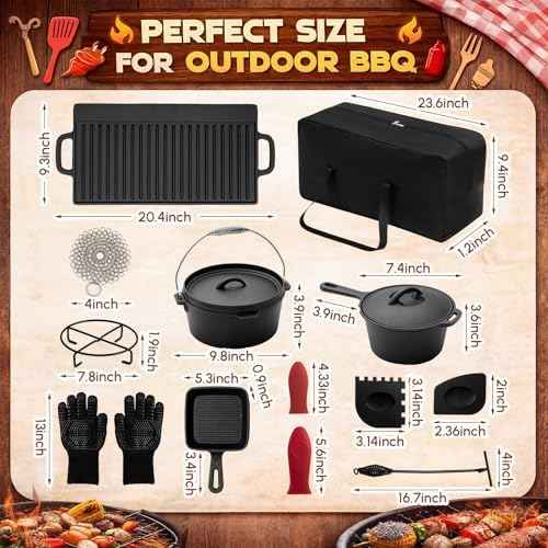 Geetery 15 Pcs Pre-seasoned Cast Iron Cookware Set, Dutch Oven Camping
