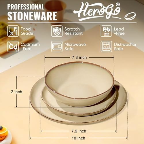 Herogo Dinnerware Sets for 8, 24pcs Stoneware Dinner Dish Set, Irregular Handmade Plates and Bowls Dishware, Microwave & Dishwasher Safe, Cream Khaki