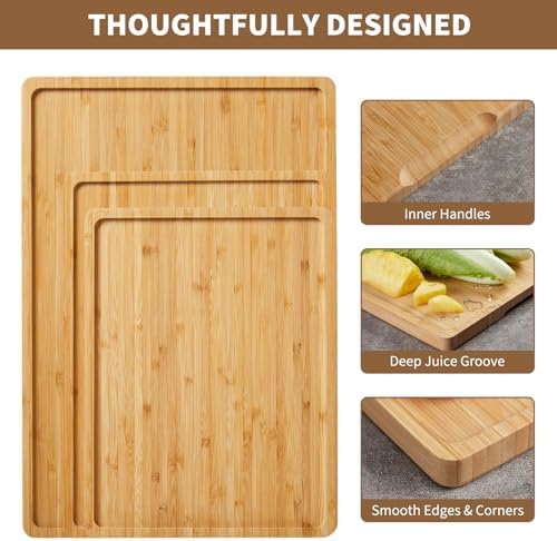 3 Pieces Bamboo Cutting Board for Kitchen with Holder, Thick Kitchen