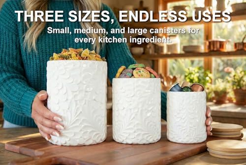 Engraved Ceramic Canisters Set of 3, 74, 36 & 18 Oz, Airtight Bamboo