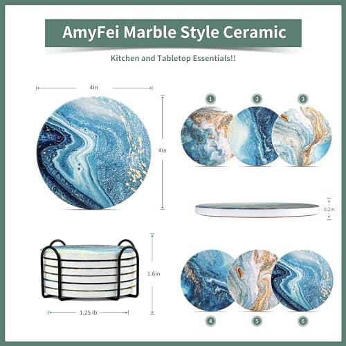 Ceramic Coasters Set of 6 with Holder, Absorbent, 4" Marble Blue Ocean