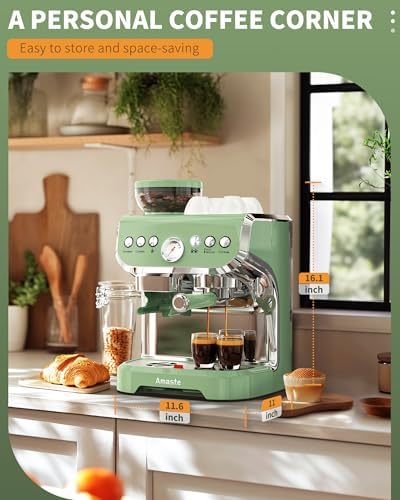 Amaste Espresso Machine with Grinder and Steam Wand, Retro Green