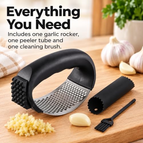 Garlic Press Rocker, 304 Stainless Steel Crusher Set, 3-Piece,Black