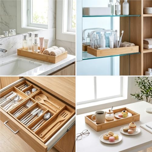 3 Pcs 15x6 Inch Bamboo Drawer Organizer Stackable Utensil Tray For