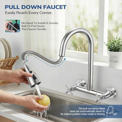 HURRAN Wall Mount Kitchen Faucet with Pull-Down Sprayer, Brushed