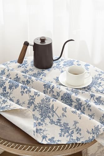 Cotton Linen Round Tablecloth, Blue Floral Table Cloth Round 47"