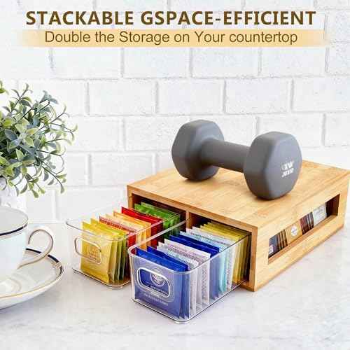 Tea Bag Organizer, Bamboo and Acrylic Drawer Tea Bag Holder Wood Teas