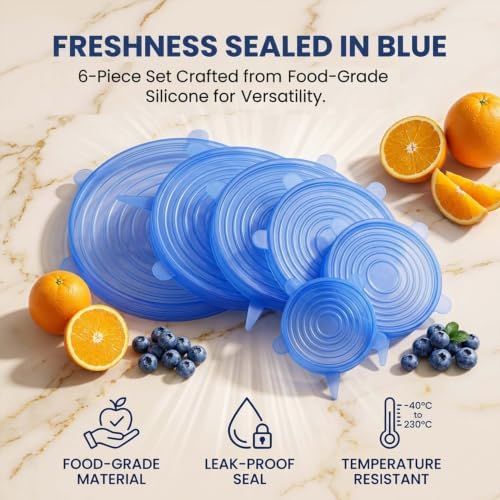 Silicone Stretch Lids, 6 Pack, Reusable Food Covers, Blue
