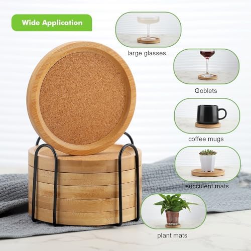 Bamboo Cork Coasters for Drinks Absorbent with Holder Set of 6, Bamboo