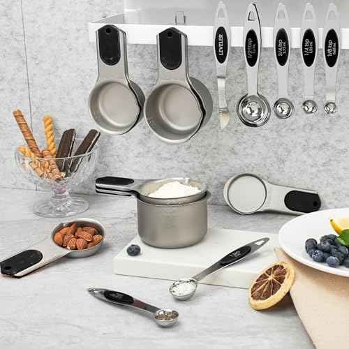 Measuring Cups and Spoons Set,304 Stainless Steel 5 Magnetic Measuring Cups and 8 Sigle Sided Measuring Spoons with 1 Leveler,Kitchen Gadgets for Cooking & Baking