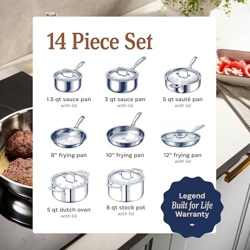 LEGEND COOKWARE 5-Ply Stainless Steel Cookware Set, 14-Piece Pots and Pans Set - Induction Compatible, Oven Safe 800°F - Non-Toxic, No Coatings - Built to Last Generations