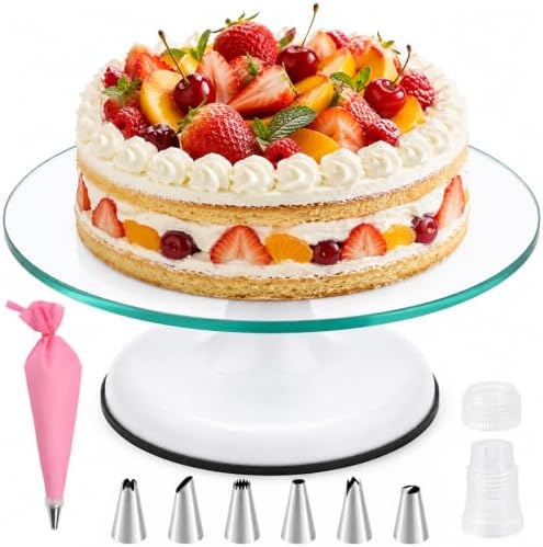 12" Glass Cake Turntable with 6 Icing Piping Tips, 1 Piping Bag