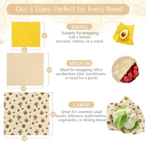Reusable Beeswax Food Wraps Set - 3 Pack (S,M,L) for Bread