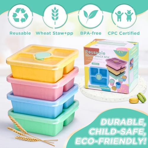QQKO 4-Pack Divided Bento Snack Boxes with Sauce Cups