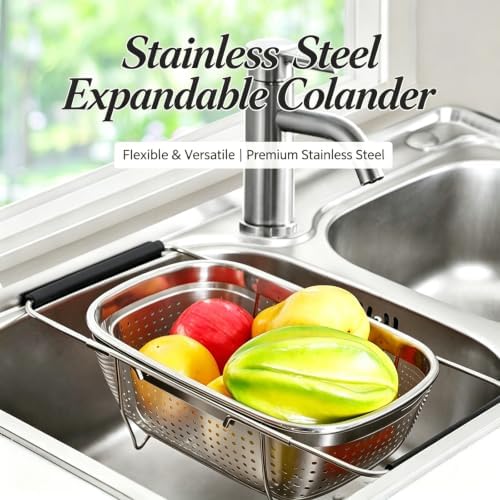 Expandable Stainless Steel Over-the-Sink Colander Basket, Telescopic