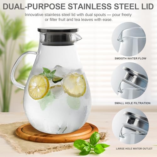 Glass Pitcher with Lid, 1 Gallon / 128oz Glass Water Jug for Hot and
