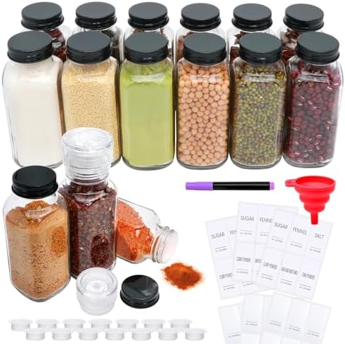 15 Pack 8oz Glass Spice Jars with Grinders, Square Spice Bottles