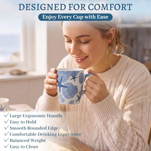 Qinyoung 6 Pcs Coastal Coffee Mugs Set 12oz Beach Ceramic Cups with