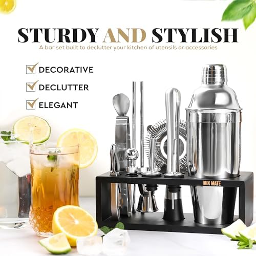 Mixology Bartender Kit with Stand - 15 Piece Bar Tool Set, Silver Bar