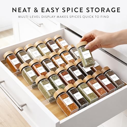 Spice Jars with Labels and Acrylic Spice Drawer Organizer Bundle, 24