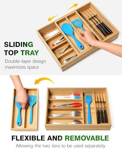 HULISEN Double Layer Bamboo Utensil Organizer