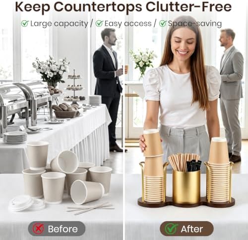 Coffee Cup Dispenser, Straw and Stirrer Storage, Gold, S