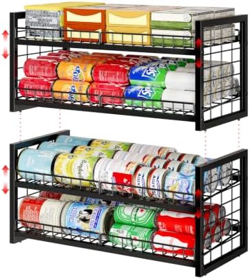 JKsmart 2-Tier Stackable Can Organizer, Extra-Long Can Rack for Pantry Storage, Adjustable Can Dispenser Holds Up to 64 Cans, 12mm Metal Frame, Super Sturdy Holders for Various Canned Food Soda-2 Pack