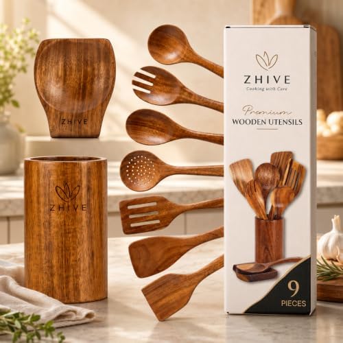 9-Piece Natural Teak Wooden Utensil Set with Spoon Rest