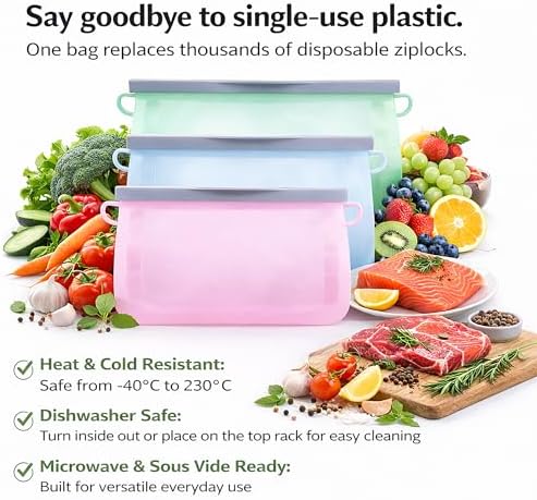 Silicone Reusable Food Storage Bags Set of 3 Leakproof Dishwasher and