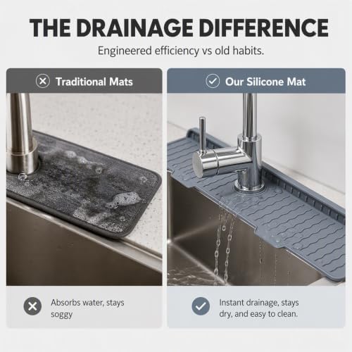 Faucet Mat for Kitchen Sink, Silicone Sink Splash Guard with 7° Slope