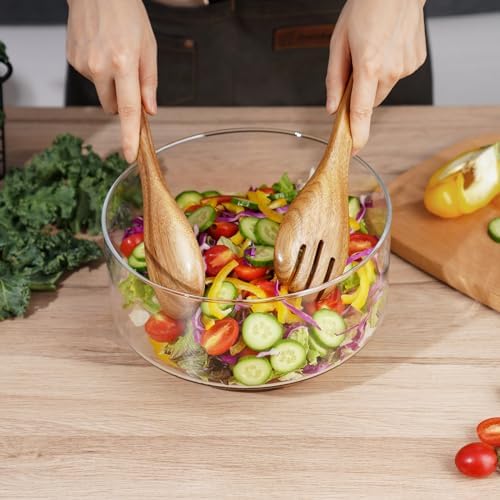 NiHome Glass Salad Bowl with Acacia Wood Salad Tongs, Large Capacity