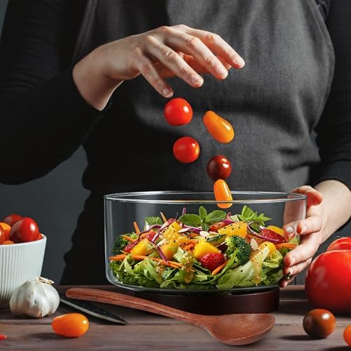 FoldTier Large Glass Salad Bowl Set, Party Salad Bowl with Acacia Wood