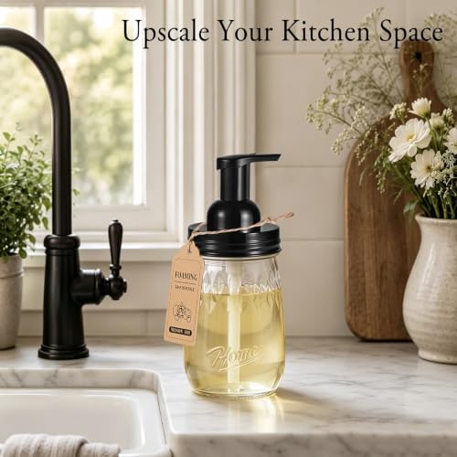 Amolliar 16 Oz Glass Mason Jar Foaming Soap Dispenser, Black, 1 Pack